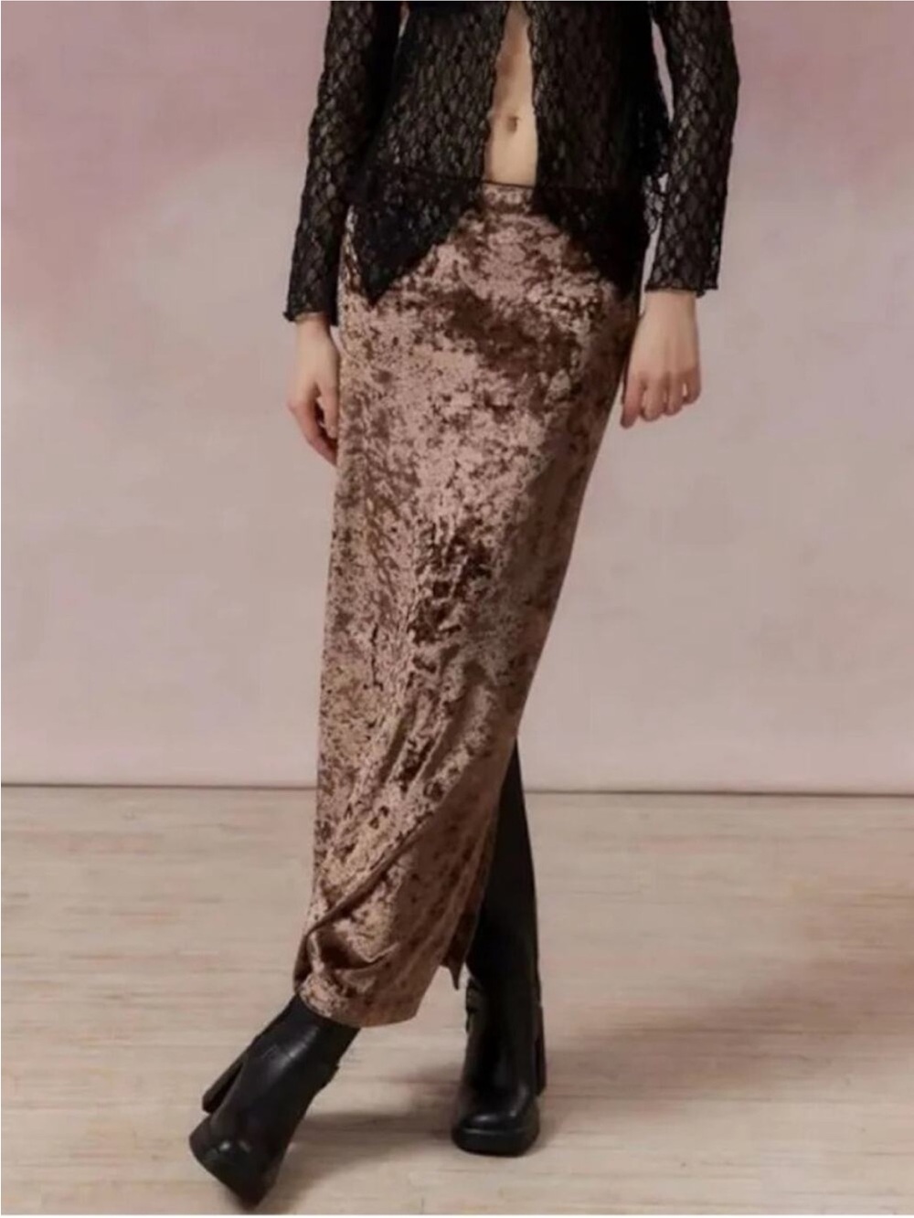 Kimchi Blue Crushed Velvet Brown Y2K Maxi Skirt L
